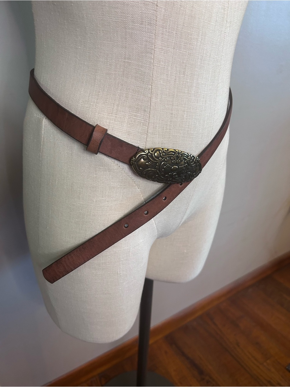 Brown Leather Belt with Ornate Brass Oval Buckle